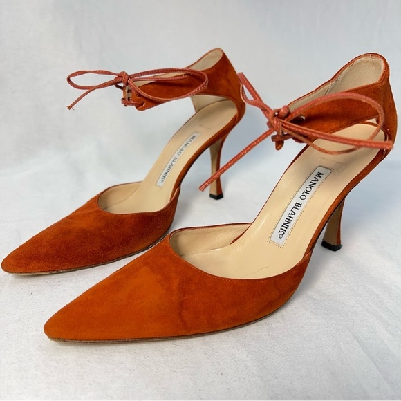Manolo Blahnik Strappy tie suede leather burnt orange heels EU 36 US 6